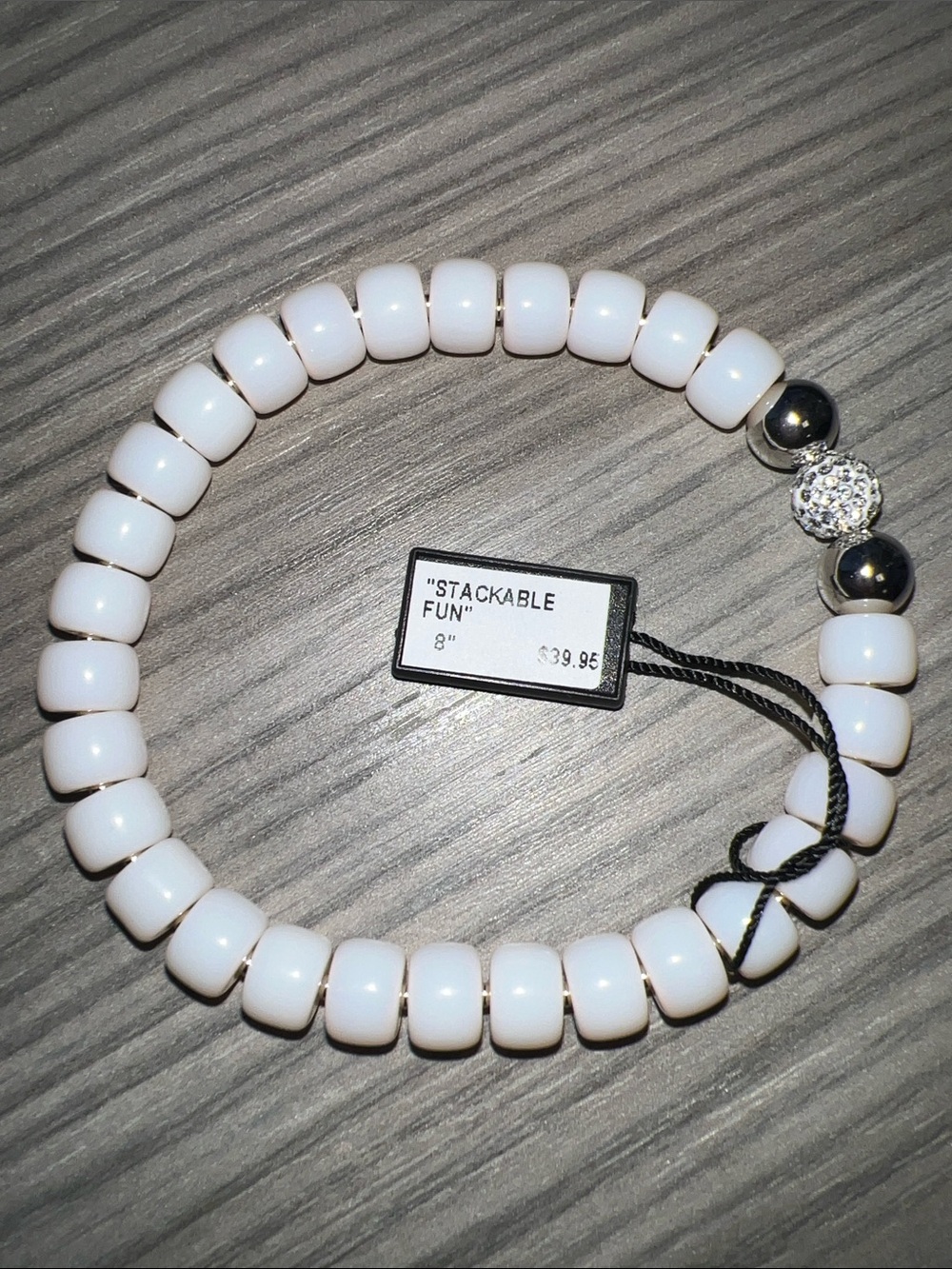 Off white Beaded Stretch Bracelet with Silver Accent Beads and Swarovski Crystal
